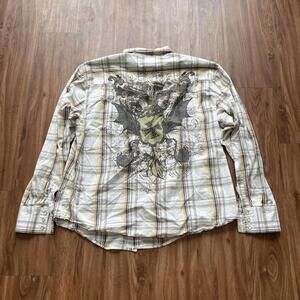 Yellow Y2K Grunge Graphic Machine Long Sleeve Shirt Mens XL Button Up